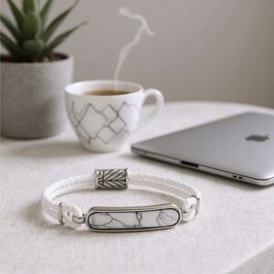 White Howlite Leather Bracelet ✦ 8" Braided Stainless Magnetic Unisex Minimalist